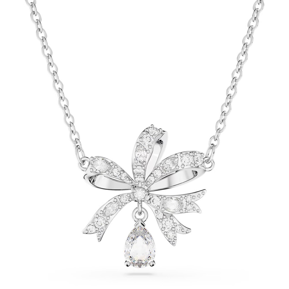 SWAROVSKI necklace Bow, Small, White, Rhodium plated ribbon necklace